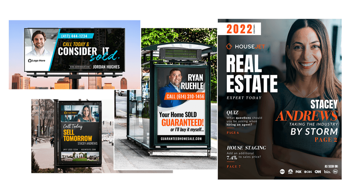 Agent branding ads on billboards, bus shelters and a magazine cover